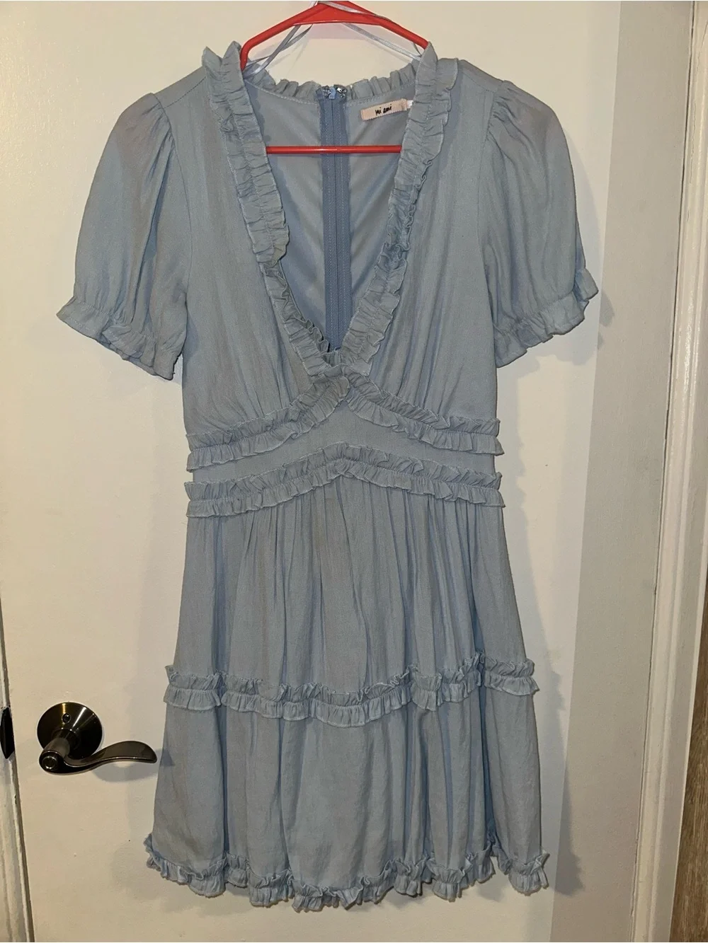 Powder Blue Ruffle V-Neck Mini Dress - Picture 1 of 7